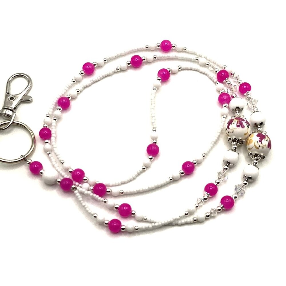 Dark Pink Flower, Beaded Lanyard for, Badge, ID Holder, Keychain - Picture 2 of 5